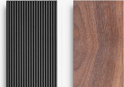 Cambridge Audio Evo 300, vista dall'alto con pannello nero scanalato e finitura effetto legno noce su sfondo bianco