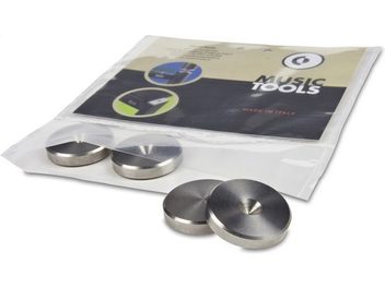 Quattro piedini MusicTools Floor Saver da 20 mm in acciaio inossidabile, visti dall'alto su confezione di cartone bianco
