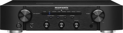 Amplificator stereo negru Marantz cu butoane, rotițe și mufe pe fața frontală