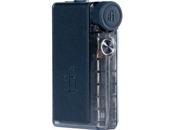 iFi Audio GO Blu Air, portable DAC in smoked plastic and faux leather, notched wheel, metal button, side view