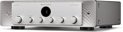 Hi-fi stereo ojačevalnik Marantz Model 60n srebrn, pogled od spredaj, 5 okroglih gumbov, črn osrednji zaslon, črne noge, srebrna obdelava