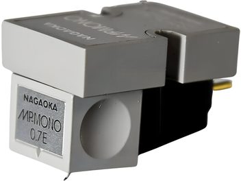 Nagaoka MP-MONO phono cartridge in gray plastic and metal, front left perspective view, two-tone rectangular body with a silver screen-printed front plate and gold rear contact