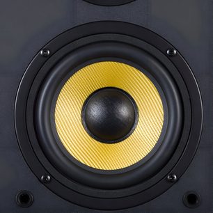 Tæt påbillede af fronten af Davis Acoustics Ariane A sort højtaler, med gul fletmembran, sort kuppel og sort kant