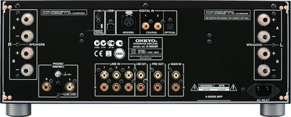 Onkyo A-9000R Stereo-HiFi-Verstärker in Schwarz, Frontansicht. Anschlüsse, Tasten und Einstellregler