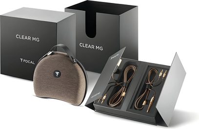 Focal Clear MG åbne hi-fi-hovedtelefoner, synlige transducere, hovedbøjle og ørepuder i brunt læder, skinnende sort kabinet
