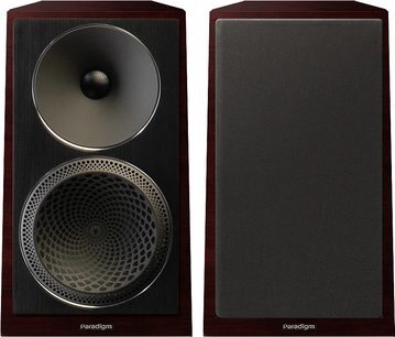 Paradigm Founder 40B bookshelf speaker in dark cherry, front and back view, black speaker, dome tweeter
