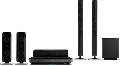 Philips HTS7540 hjemmebiografsystem bestående af en Blu-ray-afspiller, to gulvhøjtalere, to kompakte højttalere og en basrefleksboks i sort finish