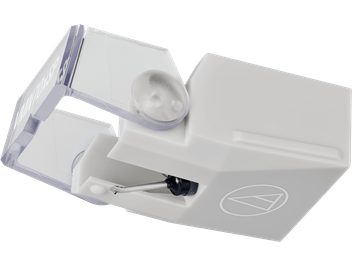 Diamant til Audio Technica AT-VMN70xSP pladespiller, lysegrå plast, metal-cantilever og gennemsigtigt beskyttelsesdæksel, set i trekvart profil