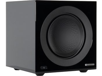 Subwoofer Monitor Audio Anthra W10 negro lacado, forma cúbica, altavoz circular negro mate
