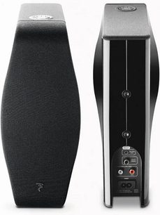 Focal XS BOOK WIRELESS multimedia speakers, front and side view, vertical rectangular shape, black and silver gray color