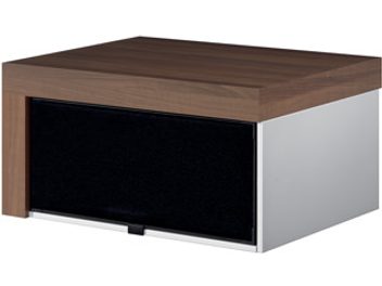 Vogel's CFM 060 lavt rektangulært TV-møbel i mørkt træ og hvid, med sort skuffe, i et rent og moderne design