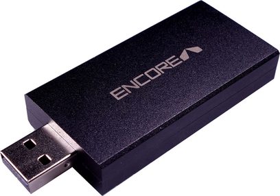 Encore mDSD sort audio DAC-konverter, set forfra, mat sort rektangulært kabinet med indgraveret sølvfarvet logo