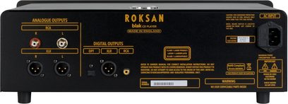 Roksan blak CD atskaņotājs ar ogles krāsu, aizmugures skats, analogās un digitālās savienojamības, barošanas slēdzis