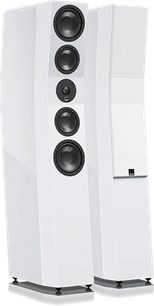 Bílá lakovaná sloupová reproduktorová sestava SVS Ultra Evolution Tower, pohled zepředu, 5 reproduktorů, bílý přední panel, černá základna