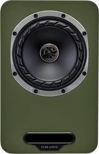 Grüner Fyne Audio Cubitt 5 Lautsprecher, Frontansicht, schwarzer koaxialer Lautsprecher mit Metallring und Frontöffnung