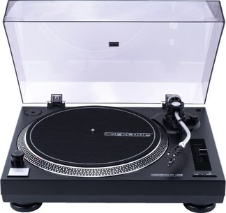 Tocadiscos Reloop Pack RT-1 BT + DSM3 BT negro visto de frente, tapa transparente abierta y brazo en S plateado