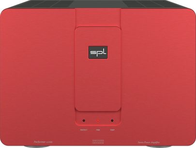 Rdeči visokozmogljivi ojačevalnik zvočne moči s pravokotno sprednjo ploščo, črnim osrednjim logotipom "spl", tremi indikatorji in napisi na spodnjem delu