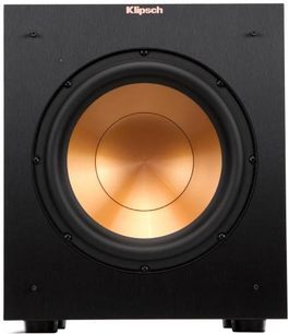 Subwoofer Klipsch R-10SW černý, pohled zepředu, uprostřed matně černé čtvercové skříně zlatý kruhový reproduktor