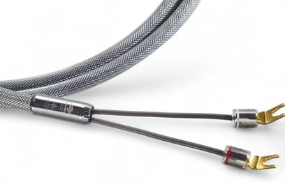 Siltech Explorer 180L SSP HP 2x3m, cavo per diffusori con guaina intrecciata grigia, Y metallica, due forcelle dorate, primo piano