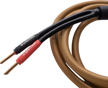 Cavo per altoparlanti Unitra KG-40 2 x 4m, guaina intrecciata marrone, spinotti banana dorati con indicatori rosso e nero