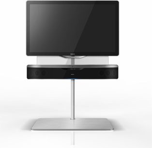 Philips STS 1300 hvid og sort TV-møbel, fladskærm, indbygget soundbar, forfra set på hvid baggrund