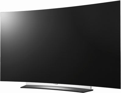 LG 55C6V TV, 55 tommer flad OLED-skærm, set forfra, slukket, smal sort ramme, på metalstativ