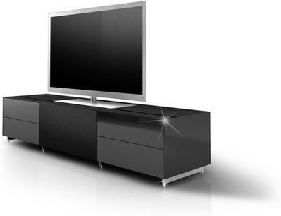 Spectral Cocoon S9091 TV-møbel i blankt sort, 2 nedre kabinetter, 1 øvre kabinet med plads til fladskærm, set fra en let nedadgående vinkel forfra