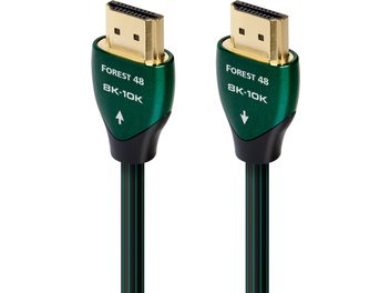 Két Audioquest Forest 48 8K-10K HDMI kábel, sötétzöld és fekete színben, aranyozott HDMI csatlakozókkal, elölnézetből