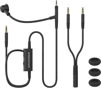 Sennheiser HD 500 BAM headset-kit i sort plast, boom-mikrofon, Y-kabel med 3,5 mm jackstik og 3 vindhætter, set ovenfra