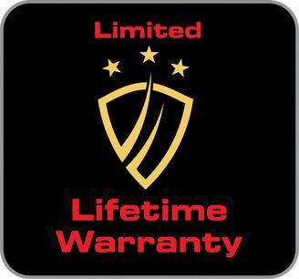 Sort skjold med rød tekst "Limited Lifetime Warranty" og gyldne stjerner på sort baggrund