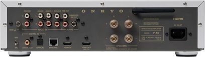 Rear view of Onkyo Y-50 integrated stereo amplifier with phono inputs, digital audio, HDMI, Ethernet, and speaker terminals