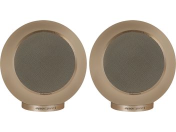 Elipson Planet L Performance 2.0 Regallautsprecher in mattem Beige mit schwarzem Rundgitter und zylindrischem Sockel