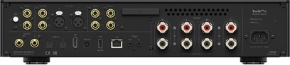 Amplificator hi-fi stereo integrat Matrix Audio MD-1P negru, din metal, vedere din spate cu conectori RCA placați cu aur, mufe XLR, terminale pentru boxe cu inele roșii și negre, porturi optice, USB, HDMI ARC, LAN și priză de alimentare IEC