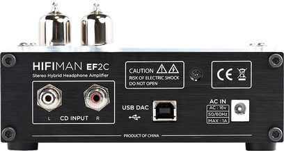 Hifiman EF2C hybrid stereo hovedtelefonforstærker, frontpanel, frontvisning, tilslutninger og kontroller, sort finish