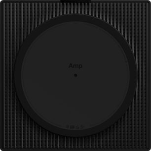 čierny stereo hi-fi zosilňovač Sonos Amp pri pohľade zhora, štvorcový dizajn s veľkým centrálnym kotúčom