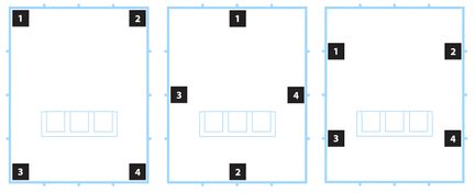 Three room layouts with sofas and numbered speakers in the corners