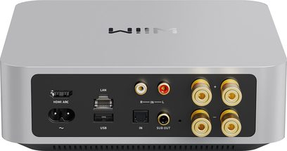 Ενισχυτής hi-fi στερεοφωνικός WiiM AMP silver, πίσω όψη με συνδέσεις HDMI ARC, LAN, USB, RCA, SUB OUT και ακροδέκτες ηχείων