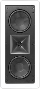 Klipsch KL-6502-THX indbygget højttaler, set forfra, to runde sorte højttalere i en mørk grå firkantet kabinet