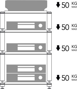 Hi-Fi mēbele Norstone Design Copenhagen ar taisnstūra struktūru, 4 virsū sakrautiem plauktiem, koniskiem kājiņām, kravnesība 50 kg uz katru līmeni