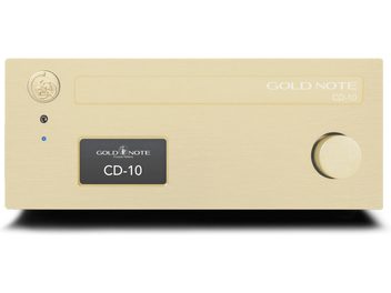 Højkvalitets CD-afspiller Gold Note CD-10 guld, set forfra, rektangulært kabinet, cirkulær knap til højre, centralt display