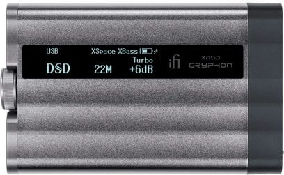DAC portatile iFi Audio xDSD Gryphon argento con schermo nero sul frontale e rotella laterale