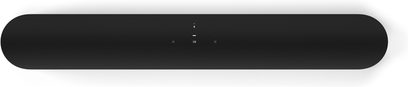 Sonos Beam sort soundbar, set forfra, aflang rektangulær form med afrundede kanter, sort gitter over hele overfladen