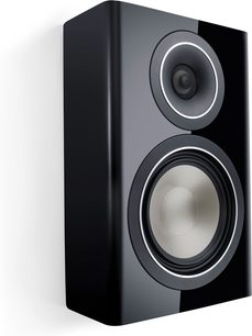 Wandlautsprecher Canton Townus 10 in schwarzem Hochglanzlack in Dreiviertelansicht mit silberfarben eingefasstem Tweeter und Woofer