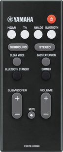 Sort Yamaha FSR78 ZV28960 fjernbetjening med knapper til at styre en soundbar: HDMI, TV, analog, Bluetooth, surround, stereo, clear voice, bass extension, subwoofer, lydstyrke, mute