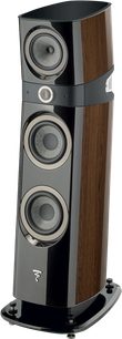 Standlautsprecher Focal Sopra N°3 Macassar, Dreiviertelansicht, 3 runde Lautsprecher, dunkle Holzoptik, schwarzer Sockel