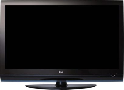 LG 42LG7500 fladskærms-TV, sort forfra, slukket, på rektangulært, blankt sort fod