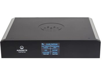 Lecteur audio réseau Audiobyte Hydra Digital HUB noir, vue de face, avec logo, boutons et voyants sur le dessus