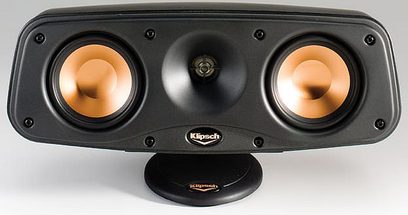 Sort Klipsch RCX-4 centerkanal, set forfra, med to gyldne mellemtoneenheder og en sort diskant i midten