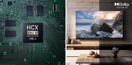 Kaksoiskuva: vasemmalla lähikuva vihreästä epoksipiirilevystä, jossa on musta neliönmuotoinen siru merkinnällä ”HCX PRO AI Processor MK II”; oikealla edestä kuvattu musta lasi- ja metallirunkoinen seinätelevisio, jonka näytöllä on pystysuunnassa jaettu merimaisema Dolby Vision IQ -demonstraatiota varten.