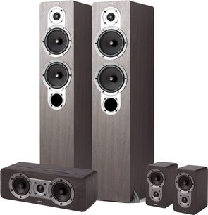 Sada sloupových reproduktorů Jamo S 426 HCS.3 wengé, obsahuje dva přední reproduktory, dva zadní reproduktory a subwoofer